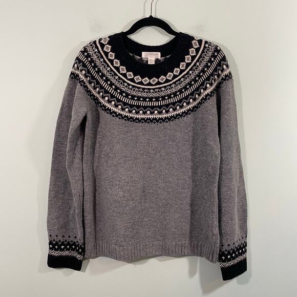 Kenar Women Black & Grey Lambswool Blend Bejeweled Fair Isle Sweater Size L NWT - Picture 1 of 10